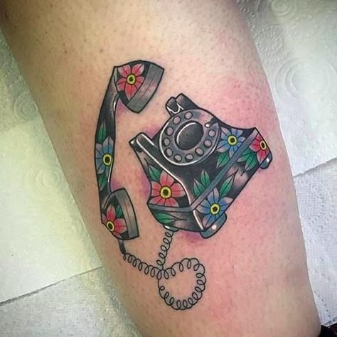 Rotary Phone Tattoo, Rabbits Tattoo, Telephone Tattoo, Phone Tattoo, Small Spiritual Tattoos, Traditional Tattoo Flowers, Aesthetic Tattoos, Traditional Sleeve, Hotline Bling