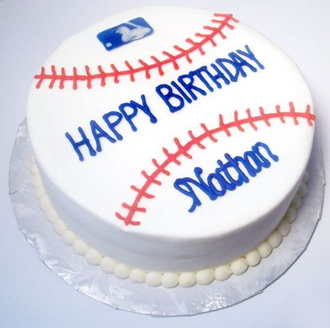 Baseball cake - This is just a simple 8" round CASC made to look like a baseball.  All bc except logo which is a chocolate transfer Baseball Birthday Cakes, Baseball Schedule, Baseball Theme Birthday, Baseball Cake, Sports Birthday Party, Sport Cakes, Cake White, Fathers Day Cake, Baseball Birthday Party