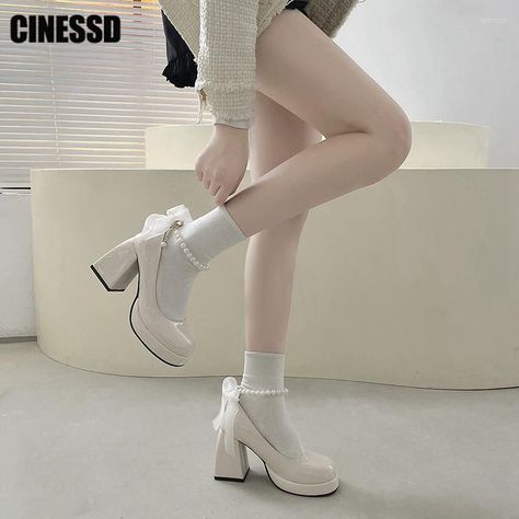 Hels Wanita, Korean Heels, Thick Heels Pumps, Korean Shoes, Pretty Heels, Rough Heels, Pearl Butterfly, Dr Shoes, Fashion Shoes Heels