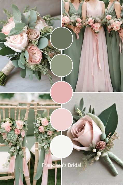 Sage And Pink Color Scheme, Dusty Sage And Blush Wedding, Wedding Colors Sage And Blush, Color Palette For Sage Green Wedding, Sage Green Pink Wedding Theme, Colour Theme Wedding Ideas, Sage Green Wedding Theme Color Schemes, Pink Purple And Sage Wedding, Soft Pink And Sage Wedding