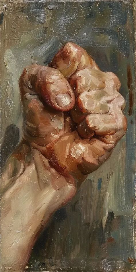 The painting is of a clenched fist. The fist is painted in realistic detail, with the veins and wrinkles of the skin clearly visible ->> more details in ai-img-gen.com Hand References Painting, Oil Painting Studies, Womans Hand Drawing, Human Body Art Painting, Person Painting Reference, Chains Painting, Painting Of Hands, Art Of Hands, Fist Reference