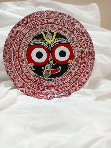 Hand-painted on MDF board with acrylic color and mirrors . Secured with varnish . DM to buy this beautiful piece of art 🎨. Jagannath Ji Lippan Art, Lord Jagannath Lippan Art, Jagannath Ji Painting, Jagannath Lippan Art, Jai Jagganath, Jagannath Painting, Alpona Art, Lippon Art, Lipan Art