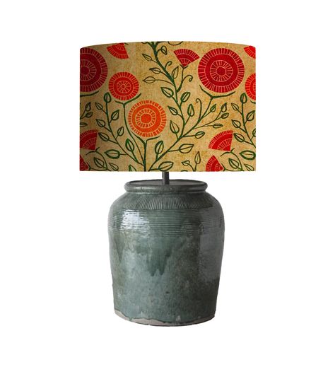 This lampshade drum is covered in a custom fabric, Brutta Quadrille by Rocarr Studio.  This fabric is warm, bright and beautiful.  The modern foliage is bright green and orange and the background is a textured gold.   Bohemian, contemporary, modern.  LAMPSHADE ONLY, LAMP NOT INCLUDED.  PLEASE MEASURE FROM THE TOP WHERE YOUR LAMPSHADE SCREWS ON (THE FINIAL) TO BELOW THE SOCKET OR THE MECHANICS OF THE LAMP TO DETERMINE THE SIZE OF YOUR LAMPSHADE. THESE ARE CUSTOM DESIGNED FABRICS.  IF A FABRIC BECOMES UNAVAILABLE FOR ANY REASON, WE WILL INFORM YOU. Painted Lampshade, Industrial Lamp Shade, Unique Lampshades, Modern Lampshade, Bohemian Furniture, Diy Lamp Shade, Home Decor Modern, Drum Lampshade, Updating House