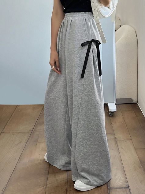 Wide Leg Women's Elastic Waistband Long Loose Casual Pants With Ribbon Bow Decoration Light Grey    Knitted Fabric Plain Wide Leg Slight Stretch  Women Clothing, size features are:Bust: ,Length: ,Sleeve Length: Winter Wide-leg Sweatpants With Elastic Waistband, Casual Wide-leg Sweatpants With Elastic Waistband, Elegant Wide-leg Sweatpants With Elastic Waistband, Solid Color Wide-leg Sweatpants With Drawstring, Solid Wide-leg Sweatpants With Drawstring, Kids Sleepwear, Ribbon Bows, Casual Pants, Jogging