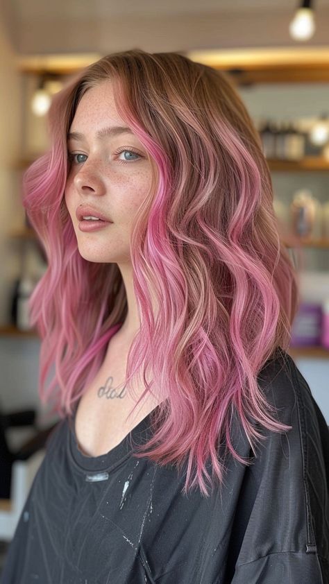 Ultimate Guide to Pink Hair: 25 Styles to Try Right Now Cool Pink Hair Dye Ideas, Pink Temporary Hair Color, Bronde Balayage With Pink, Lived In Pink Hair, Colorful Hair Inspiration, Partial Pink Hair, Color Block Hair Pink, Light Brown Hair Pink Highlights, Pink Summer Hair