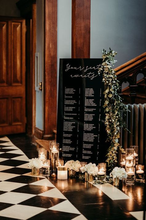 Black Romance Aesthetic Wedding, Black Guest Book Wedding, Black Acrylic Seating Chart Wedding, Black Modern Wedding Decor, Black Acrylic Seating Chart, Black Seating Chart Wedding, Black Wedding Signage, All Black Wedding Reception, Modern Gatsby Wedding