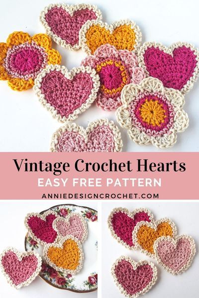 Make some sweet Vintage Crochet Hearts to give to someone special! Make a crochet heart garland to hang on your mantle. They would also be perfect to embellish a baby blanket, or crochet some hearts in Rainbow shades, to make a garland for a new baby. The patterns includes a helpful photo tutorial. Easy Crochet Applique, Interesting Crochet, Crochet Valentine Patterns, Vintage Hearts, Crochet Applique Patterns Free, Crochet Hearts, Crochet Garland, Crochet Flowers Easy, Crochet Heart Pattern