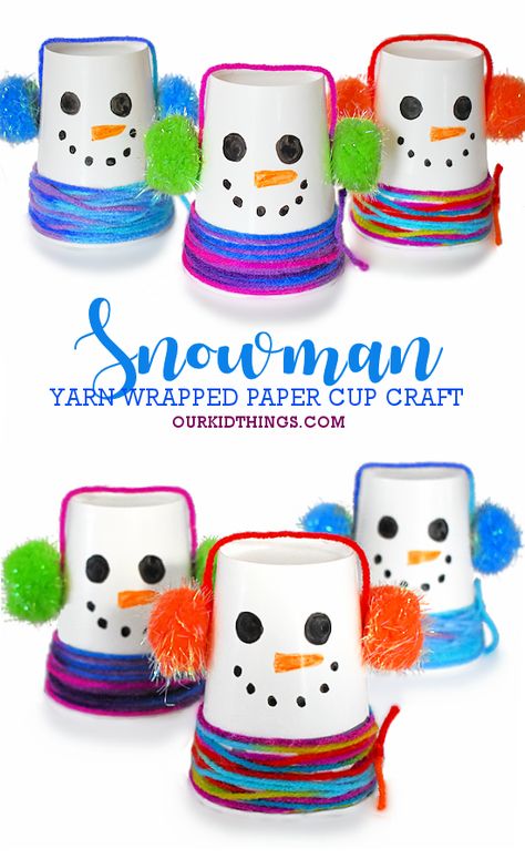 Paper Cup Snowman Craft Paper Cup Snowman Crafts, Christmas Paper Cup Craft, Snowman Cup Craft, Yarn Wrapped Snowman, Paper Cup Christmas Tree, Christmas Crafts With Cups, Quick Winter Crafts For Kids, January Art Activities For Kids, Art With Paper Cups