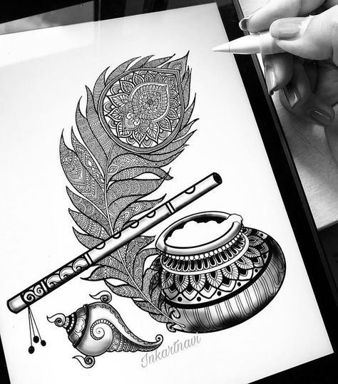 Krishna flute, butter, conch and peacock feather Krishna Feather Mandala Art, Krishna Doodling Art, Krishna Flute Drawing Pencil, Mandala Peacock Feather, Easy Peacock Feather Drawing, Krishna Flute Mandala Art, Mor Pankh Mandala Art, Krishna Mandala Artwork, Krishna With Feather