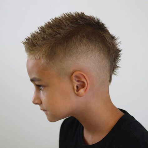 Kids Mohawk Haircut Short, Faded Mohawk Boys Haircut Short, Fade Mohawk Kids, Patrick Mahomes Haircut For Boys, Boys Mullet Haircut Kids Straight Hair, Fohawk Haircut Fade Kids, Little Boys Mohawk Haircut, Eurohawk Boys Haircut, Boy Mohawk Haircut Kids