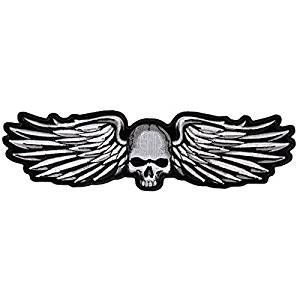 METAL WINGS, High Thread Embroidered Sew-On Rayon PATCH - 5" x 2", Exceptional Quality Skull And Wings, Skull With Wings, Motorcycle Patches, Vest Patches, Solid Black Background, Winged Skull, Skull Patch, Metal Wings, Metal Skull