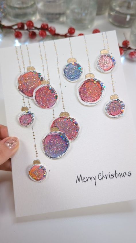 Scared to ruin your painting ? Try this EASY IDEA !!! How to Paint a Christmas Greeting Card with 3D Baubles ⭐✨🪩❤️🩵💚💛🩷🧡💜 🎄 Learn how to… | Instagram Watercolour Bauble Card, Kids Handmade Christmas Cards, Bauble Christmas Cards, Bulb Craft Ideas, Baubles Diy Christmas, Watercolour Cards Ideas, Christmas Cards Handmade Easy, Easy Watercolor Christmas Cards, Painting Idea For Beginners