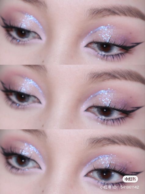 Silver And Lavender Makeup, Lavender Glitter Makeup, Twice Inspired Makeup, Light Purple Glitter Makeup, Purple Sparkle Makeup, Lavender Makeup Looks Wedding, Iredesant Makeup Look, Twice Concert Makeup, Lavender Douyin Makeup