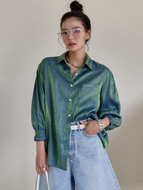 Bishop Sleeve Holographic Blouse | SHEIN USA Holographic Shirt, Bishop Sleeve, Women Blouses, Shein Style, Casual Blouse, White Tops, Denim Button Up, Fashion News, Blouses For Women