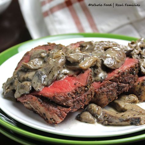 Peppercorn Beef Tenderloin Roast with Mushroom Cream Sauce is an elegant meal, perfect for holidays and time around the family table. Red Wine Cream Sauce, Steak With Red Wine, Wine Cream Sauce, Strip Steaks, Mushroom Cream Sauce, Beef Tenderloin Roast, Tenderloin Roast, Mushroom Cream Sauces, Cream Sauce Recipes