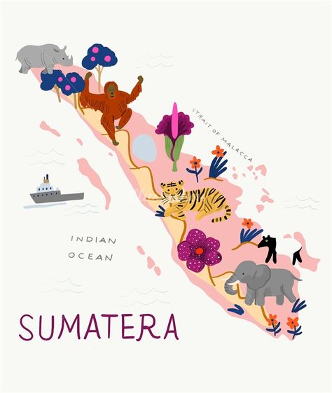 An illustration showing the Flora and Fauna of Sumatra by Ayang Cempaka Ayang Cempaka Illustration, Mary Blair, Flora And Fauna Illustration, Nusantara Art, Flora Illustration, West Sumatra, Indonesian Art, Flora Fauna, Up Book