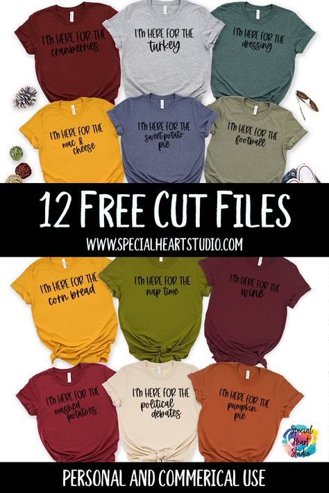 Get ready for a fun family Thanksgiving with these twelve free cut files. Make fun shirts for your friends or family to show their personality for Thanksgiving Day. Turkey, Wine, Pumpkin Pie? Or Football, Naps and Political Debates, there's a design perfect for everyone! #freesvg #freecutfile #cricut #silhouette #familyshirt Friends Turkey Svg, Funny Thanksgiving Svg Free, Thanksgiving T Shirt Ideas, Thanksgiving Shirts For Kids, Thanksgiving Tshirt Ideas, Wine Pumpkin, Cricket Joy, Thanksgiving Tshirts, Shirt Svgs