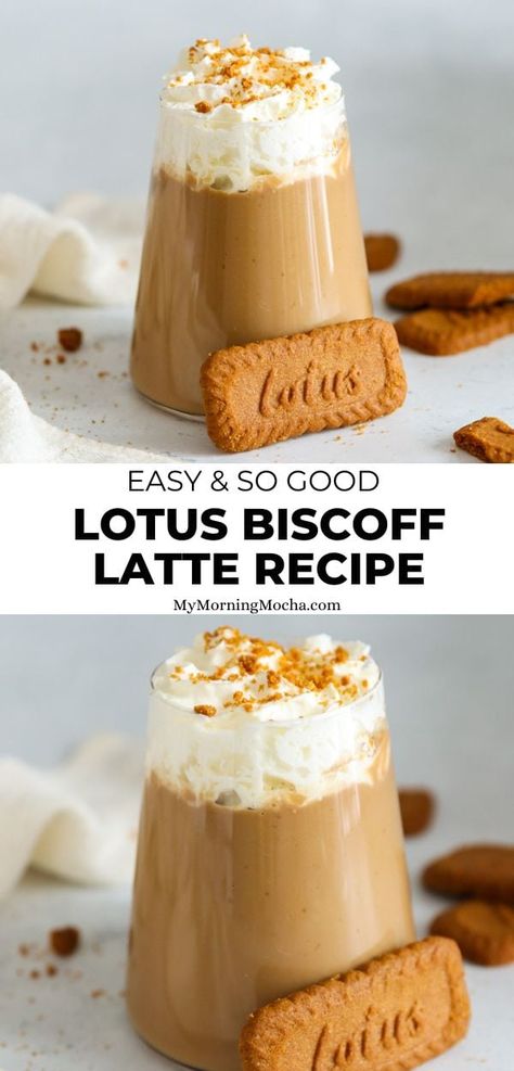 Here's how to make a Lotus Biscoff latte - a coffee recipe that's full of so much flavour. The taste is delicious and the texture so creamy. via @MyMorningMocha Espresso Coffee Drink Recipes, Biscoff Coffee Recipe, Creamy Coffee Smoothie, Thick Coffee Recipe, Flavoured Coffee Recipes, French Toast Latte Recipe, Mushroom Coffee Latte Recipe, Creamy Latte Cake, Biscoff Coffee Drink