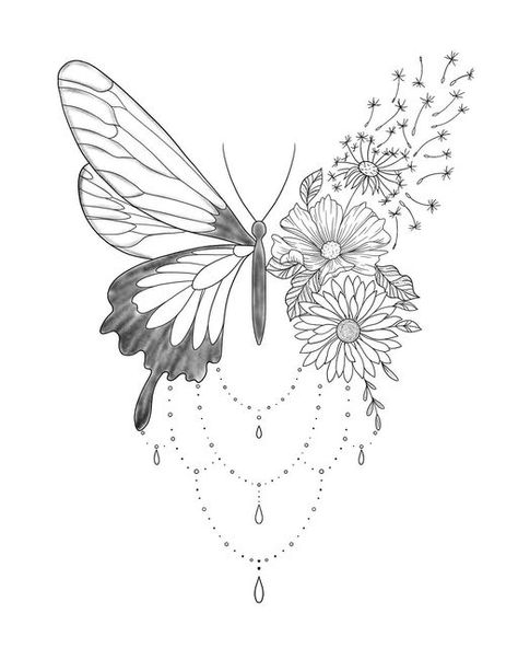 Floral Butterfly Tattoo Design, Butterfly With Flowers, Half Butterfly, Butterfly With Flowers Tattoo, Half Flower, Back Of Arm Tattoo, Flowers Tattoo, Butterfly Tattoo Designs, Arm Tattoos