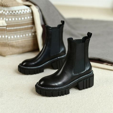 Nell Leather Boots Shaft Material: GENUINE Cow LeatherUpper Material: GENUINE Cow LeatherLining Material: MeshInsole Material: PigskinOutsole Material: TPRHeel Height: 6 cmSeason: Autumn WinterSize ChartUS SizeHeel to Toe, cm Heel to Toe, inchEU Size321.5 8.4633422 8.6634522.5 8.8635623 9.06366.523.5 9.25377.524 9.45388.524.5 9.6539925 9.84409.525.5 10.0441We pay your attention to the fact that different computer screens can display different colors even though this is one and the same color. Th Popular Boots, Heeled Chelsea Boots, Velvet Heels, Female Style, Thick Heel, Round Toe Heels, Black Fleece, Style Korean, Thick Heels