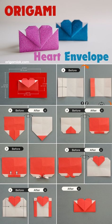 An easy and cute origami envelope with a lovely heart shape, very easy to make and only takes a few minutes, very suitable for origami enthusiasts of all ages. This heart envelope has a charming heart design, making it perfect for special letters for your loved one. Whether it’s for Valentine’s Day or any other special day, send a message to friends and family, this heart envelope will make your message even more special and heartfelt. Diy Heart Envelopes From Paper, Heart Letter Origami, Origami Love Letter, Love Letter Origami, How To Fold An Envelope Out Of Paper, Origami Heart Envelope, Origami Heart Tutorial, Letter Origami, Origami Letters