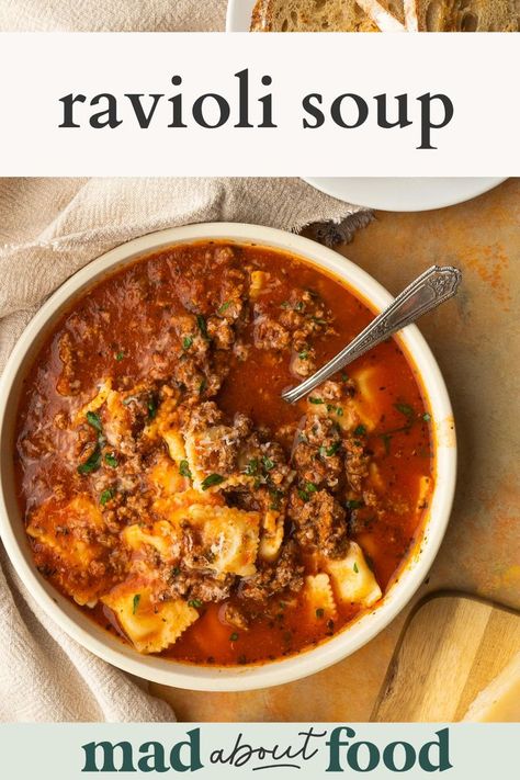 Make this delicious Ravioli Soup recipe for cold winter nights! Prepare a ground beef and tomato soup base and mix in mini ravioli. Ground Beef And Tomato Soup, Beef And Tomato Soup, Ravioli Soup Recipe, Mini Ravioli, Ravioli Soup, Soup Base, Cooking Soup, Soup And Sandwich, Easy Soups