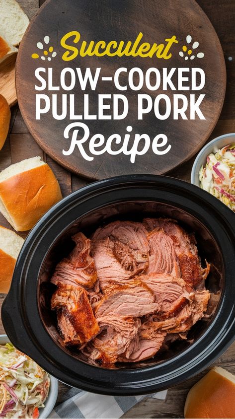 Slow-cooked pulled pork in a crockpot surrounded by rolls and coleslaw. Pork Pulled Crockpot, Pork Shoulder Boston Roast Crock Pot, Whole Pork Picnic Recipes, Slow Cooker Recipes Pulled Pork, The Best Pulled Pork In A Crock Pot, How To Cook Pork Roast In Crock Pot, Pulled Pork Crock Pot Recipes Root Beer, Pork Roast In Crock Pot Recipes, Pork Picnic Roast Recipes Crock Pots