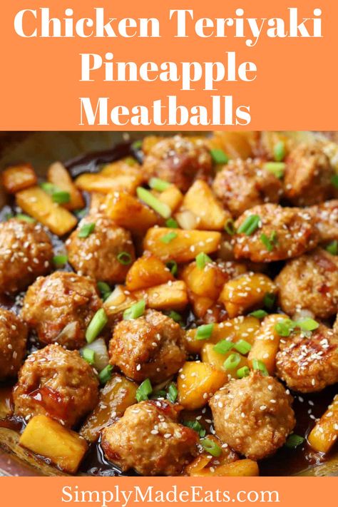 Chicken meatballs in teriyaki sauce with pineapple and chives. Teriyaki Pineapple Meatballs, Chicken Teriyaki Meatballs, Meatballs With Pineapple, Chicken Hoisin Sauce, Teriyaki Pineapple, Pineapple Meatballs, Teriyaki Chicken Meatballs, Ground Chicken Meatballs, Pineapple Teriyaki