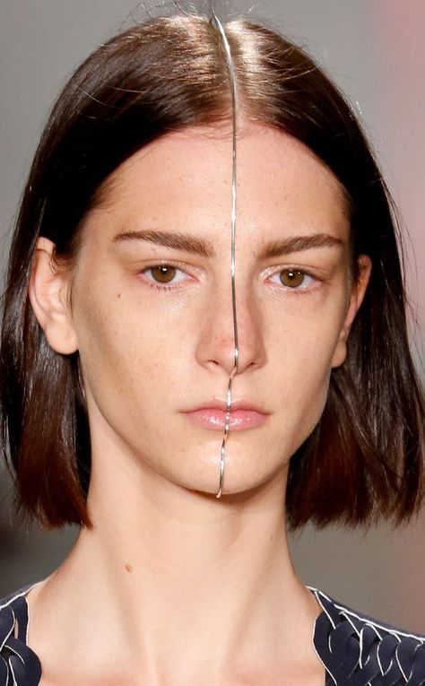 Dion Lee from Makeup & Manicures at New York Fashion Week Spring 2016  Face jewelry by Sarah & Sebastian Fashion Week Makeup, Jewellery Minimal, Sarah Sebastian, Face Jewelry, Face Accessories, Face Jewellery, Futuristic Fashion, Dion Lee, Gold Jewellery Design