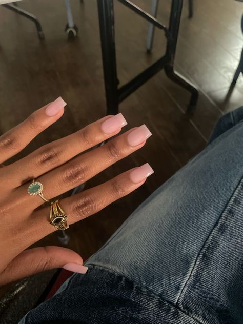 Clear Pink Tapered Square Nails, Straight Short Nails, Flare Square Nails, Acrylic Overlay With Tips, Soft Gel Overlay Nails, Natural Looking Nail Ideas, Sheer Pink Square Nails, Acrylic Nails That Look Natural, Square Square Acrylic Nails