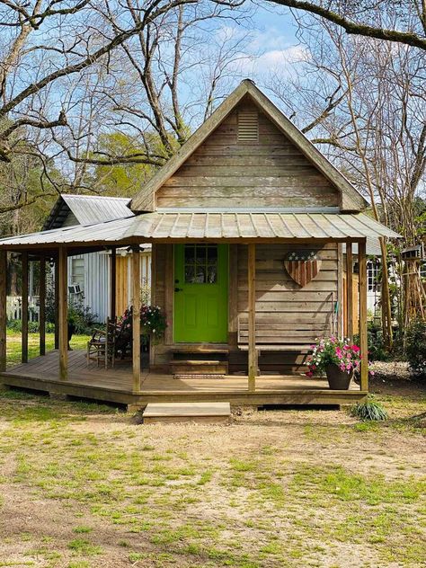 Old Tiny House, Shed With Wrap Around Porch, Tiny Cabin With Porch, Tiny House Wrap Around Porch, Tiny House Farmhouse Style Shed, Tiny House With Wrap Around Porch, Tiny House With Large Porch, House Wrap Around Porch, Bolt Farm Treehouse Tennessee