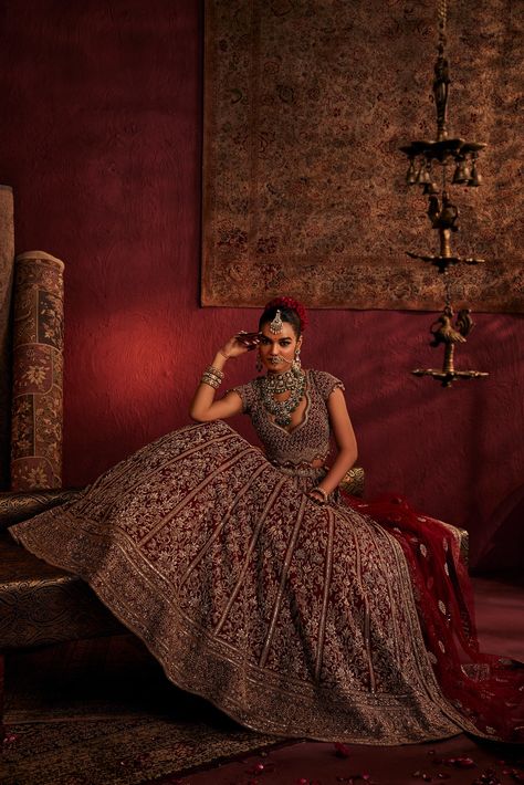 Styling&Creative Direction for Cheddha Jewels :: Behance Lehenga Shoot, Maroon Velvet Lehenga, Velvet Lehenga Choli, Net Veil, Jewellery Shoot, Jewellery Photography Inspiration, Velvet Lehenga, Jewelry Photography Styling, Indian Look