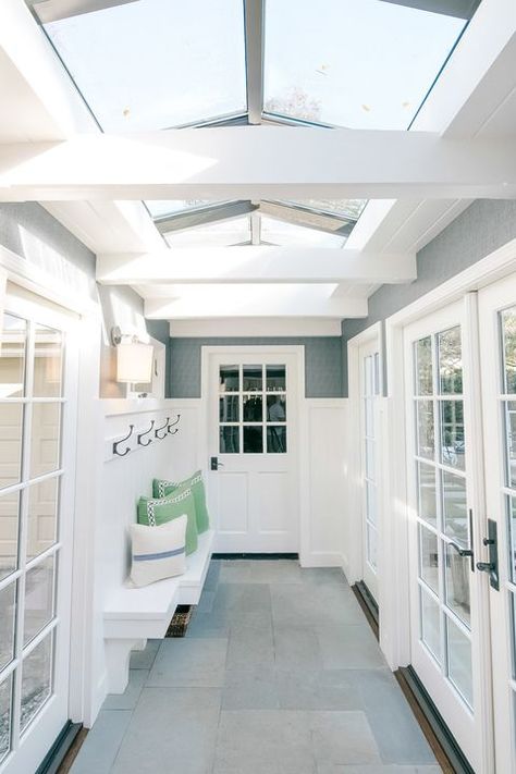 Sunroom Extension, Ford Interior, Mudroom Ideas, Light Gray Paint, Oak Trim, Apartment Decoration, Mudroom Design, Home Addition, Durable Flooring