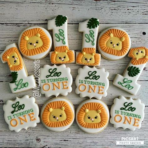 Lion Birthday Party, Lion Cookies, Birthday Sugar Cookies, Boys First Birthday Cake, First Birthday Cookies, Jungle Thema, Lion Birthday, Leo Birthday, Boy Birthday Party Themes