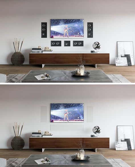 Built In Speakers Living Rooms, Hidden Speakers Living Room, In Wall Speakers Ideas Living Rooms, Tv Speakers Living Room, Surround Sound Speakers Hide, Big Tv Wall Ideas Living Room, Dynaudio Speakers, Speakers In Living Room, Living Room Speakers