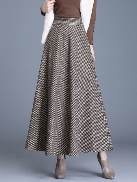 Plus Size A-Line Patchwork Ankle-Length Color Block Women's Skirt Light Grey Skirt, Maxi Skirt Winter, Dark Grey Skirt, Khaki Skirt, Ankle Length Skirt, Modest Skirts, Fashion Bottoms, Women Skirts, Plaid Fashion