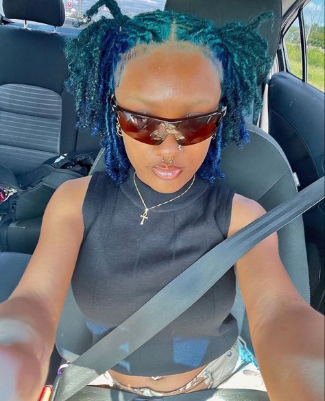 Purple Dyed Locs Black Women, Dread Locs Color Ideas Black Women, Short Locs Color Ideas, Color Combos For Locs, Navy Blue Locs, Loc Color Combos, Multi Color Locs, Blue And Blonde Locs, Locs Color Combo