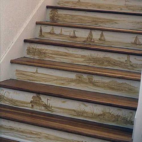 Revamp Staircase Design with Easy Stencil Decoration Patterns and Painting Ideas Painting Wooden Stairs, Stair Art, Painted Staircases, Painted Stairs, Stair Decor, Diy Stairs, Coastal Living Rooms, Wooden Stairs, Wood Stairs