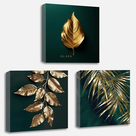 PRICES MAY VARY. [3 panels Green and Gold Plant leaves Art]-----A perfect Mid-Century modern wall decoration painting for your home, living room, office, bedroom, kitchen, apartment, corridor, restaurant, bar, etc. Unique wall art adds an elegant artistic atmosphere to you. [Product Material]-----This modern 3 pieces Abstract Gold Tropic Plant of life wall art artwork is made of professional canvas material, which is waterproof and durable, which is good for long-term collection. Images are prin Lounge Wall Decor Ideas, Emerald And Gold Home Decor, Emerald Green Black And Gold Bedroom Aesthetic, Emerald And Gold Office, Gold And Green Bedroom, Emerald Green Living Room Decor, Green And Gold Office, Dark Green And Gold Bedroom, Green And Gold Home Decor