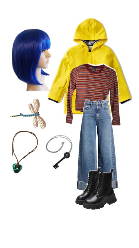 Cute Coraline Costume, Coraline Diy Costume, Coraline Costume Aesthetic, Coraline Disfraz Halloween, Coraline Costume Ideas, Coraline Costume Diy, Blue Hair Costume Ideas, Diy Coraline Costume, Movies Costumes Ideas