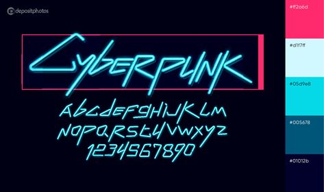 15 Cyberpunk Color Palettes For Dystopian Designs - Depositphotos Blog Cyberpunk Font Design, Cyberpunk Writing, Cyberpunk Color Palette, Cyberpunk Font, Ghost Runner, Cyberpunk Color, Cyberpunk Logo, Neon Color Palette, Cyberpunk Hoodie