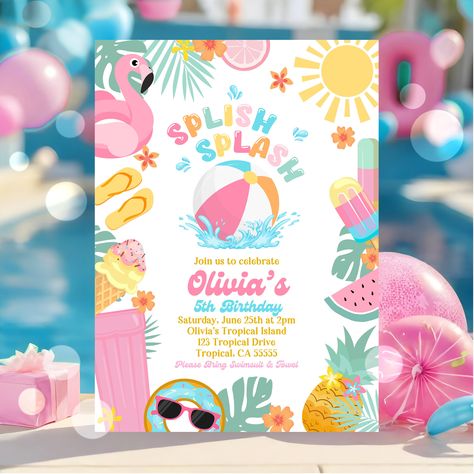 Picture this: A vibrant digital invitation radiating with the vibrant hues of a tropical paradise on this splash pad birthday party invitation. Around the border of the invitation dance an array of clipart summer elements, each adding to the anticipation of the event. Brightly colored beach balls bounce across the page, while sleek pool floats in the shape of tropical fruits beckon guests to dive in and cool off. The sound of splashing water seems almost palpable, as if the invitation itself... Splash Pad Birthday Party, Water Birthday Party, Water Birthday Parties, Water Birthday, Summer Elements, Tropical Water, Paddling Pool, Beach Balls, Computer Basic