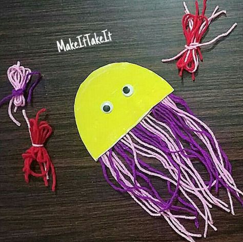 We made a colorful #jellyfish #craft using yarn. Varying colors and sizes of yarn may be used for this craft.  #Yarn #craft  #MakeItTakeIt Snail Craft, Colorful Jellyfish, Jellyfish Craft, Button Craft, Feb 25, Yarn Craft, Easy Arts And Crafts, Kids Fishing, Paper Roll Crafts