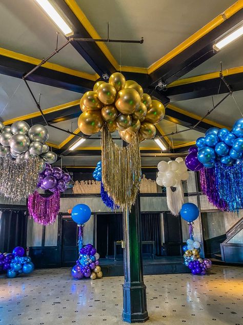 Memphis Fringe and Streamer Installations — Pop Culture Memphis Club Balloon Decorations, Hanging Balloon Decorations, Fringe Ceiling Decor, Ceiling Balloon Garland, Hanging Balloons From Ceiling, Ceiling Party Decorations, Ceiling Decorations For Party, Balloon Ceiling Decor, Ceiling Balloon Decorations