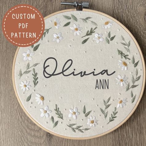 Daisy Custom Name Hoop Pattern, Embroidery PDF Pattern, Custom Embroidery Pattern, Birth Announcement, DIY Nursery Decor, Baby Embroidery - Etsy Embroidery Name Designs, Baby Embroidery Patterns, Baby Embroidery Hoop, Baby Name Embroidery, Nursery Embroidery, Simple Hand Embroidery Patterns, Diy Baby Gifts, Name Embroidery