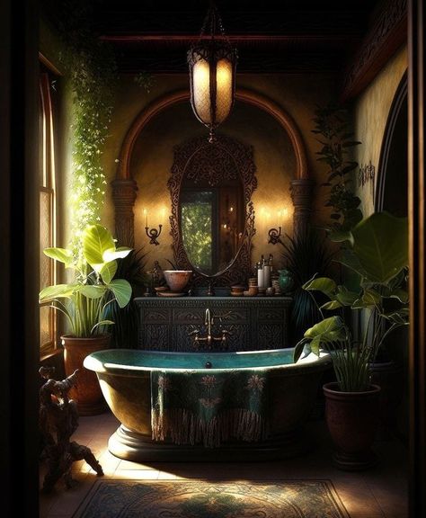 Victorian, Country and Dark | Facebook Fantasy Bathroom Aesthetic, Witchy Bathroom Ideas, Bedroom Designs Minimalist, Fantasy Cottage Interior, Modern Bedroom Design Minimalist, Bedroom Decor Scandinavian, Fantasy Bathroom, Witchy Bathroom, Scandinavian Bedroom Ideas