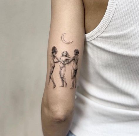 3 Women Dancing Tattoo, Witches Dancing Around Fire Tattoo, Witch Circle Tattoo, Three Witches Tattoo, 3 Witches Tattoo, Three Women Tattoo, Witches Dancing Tattoo, Coven Tattoos, Queer Tattoos For Women