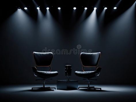 Two chairs and spotlights in podcast or interview on black background. ai generative stock photography Podcast Chairs, Podcast Background Ideas, Podcast Studio Aesthetic, Interview Background, Podcast Background, Podcast Space, Podcast Room, Podcast Ideas, Music Room Design