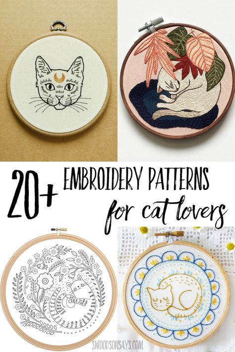 Click through and see this curated list of modern cat embroidery patterns to stitch! Lots of cute cat hand embroidery designs to choose from and gift or use as decor. Hygge Embroidery Pattern, Embroidered Cats Embroidery Designs, Monochrome Embroidery Patterns, Cat Embroidery Designs Free Pattern, Funny Cat Embroidery, Cat Embroidery Pattern Free, Animal Embroidery Patterns Free, Embroidery Cat Easy, Printable Embroidery Patterns Free