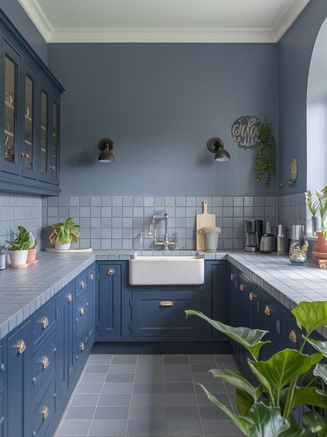 27 Navy Blue Kitchen Cabinets – Your Motor Geek Blue Tiles Kitchen, Dusty Blue Kitchen, Navy Blue Kitchen Cabinets, Blue Kitchen Tiles, Kitchen Concept, Navy Blue Kitchen, White Subway Tile Backsplash, Metallic Backsplash, Shaker Style Cabinets